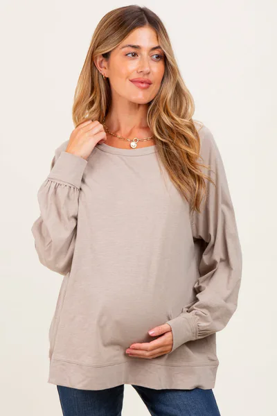 PinkBlush Taupe Oversized Cotton Slub Long Sleeve Maternity Top