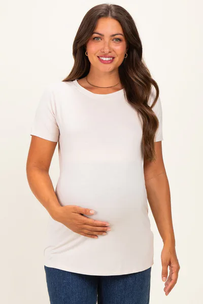 PinkBlush Beige Basic Short Sleeve Maternity Top