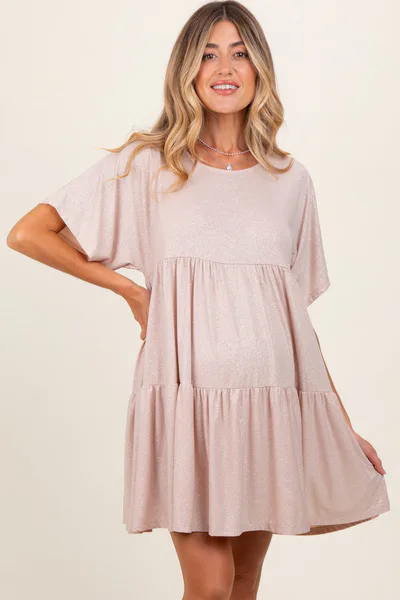 PinkBlush Beige Glitter Flutter Sleeve Tiered Maternity Dress