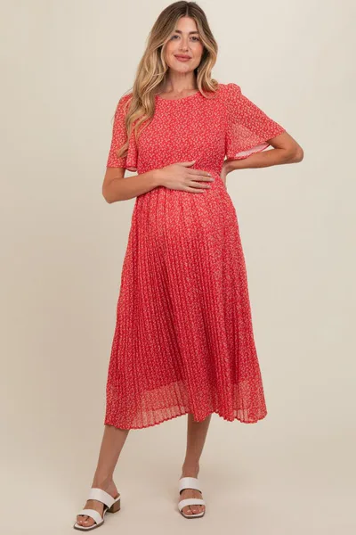 PinkBlush Red Floral Pleated Maternity Midi Dress