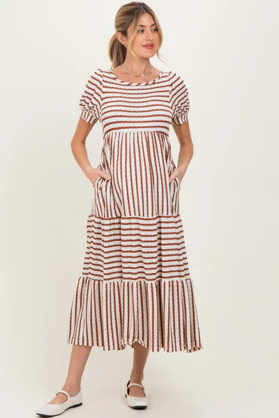 PinkBlush Cream/Camel Striped Short Sleeve Tiered Maternity Maxi Dress