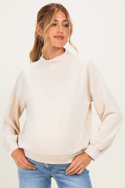 PinkBlush Cream Mock Neck Drop Shoulder Maternity Sweatshirt