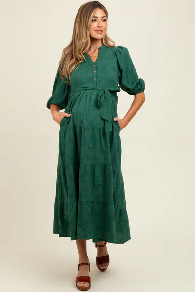 PinkBlush Forest Green Floral Jacquard Button Front Tiered Maternity Dress