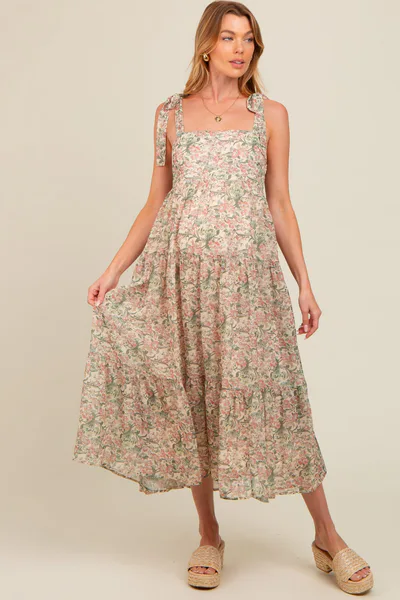 PinkBlush Cream Floral Shoulder Tie Tiered Maternity Maxi Dress