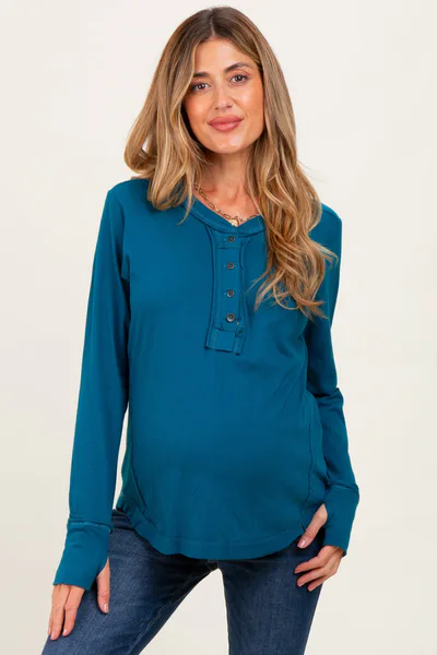 PinkBlush Teal Long Sleeve Exposed Seam Maternity Top