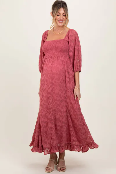 PinkBlush Mauve Textured Overlay Smocked Ruffled Hem Maternity Maxi Dress