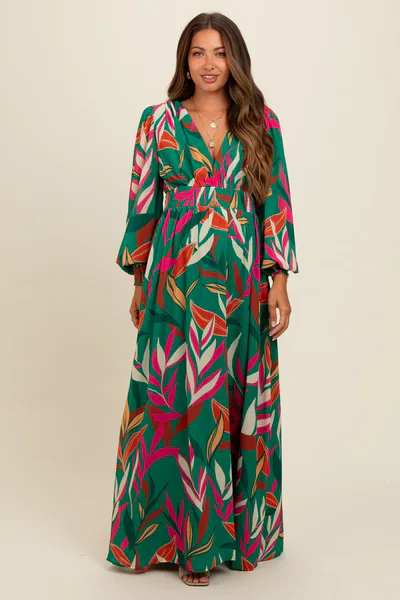 PinkBlush Forest Green Leaf Print Deep V-Neck Maternity Maxi Dress