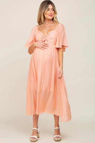 PinkBlush Peach Front Tie Ruffle Sleeve Maternity Midi Dress