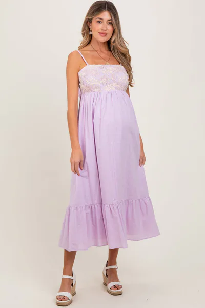 PinkBlush Lavender Floral Embroidery Back Ribbon Maternity Midi Dress