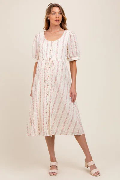 PinkBlush Light Pink Swiss Dot Floral Print Button Down Maternity Midi Dress
