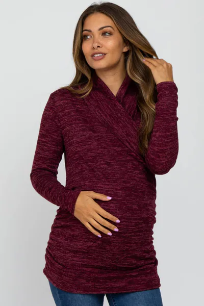 PinkBlush Burgundy Soft Heathered Draped Wrap Maternity/Nursing Top