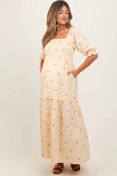 PinkBlush Cream Floral Smocked Puff Sleeve Maternity Maxi Dress
