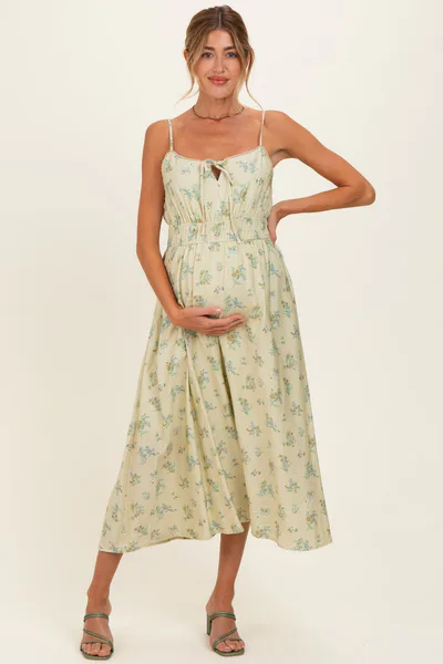 PinkBlush Cream Striped Floral Smocked Waist Maternity Midi Dress