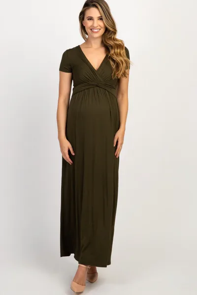 PinkBlush Olive Draped Maternity/Nursing Maxi Dress