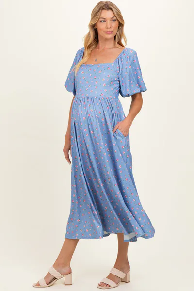 PinkBlush Light Blue Floral Bubble Short Sleeve Babydoll Maternity Dress