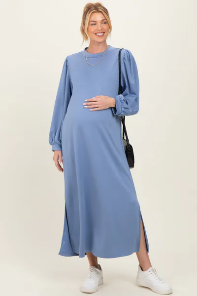PinkBlush Blue Side Slit Detail Solid Maternity Midi Dress