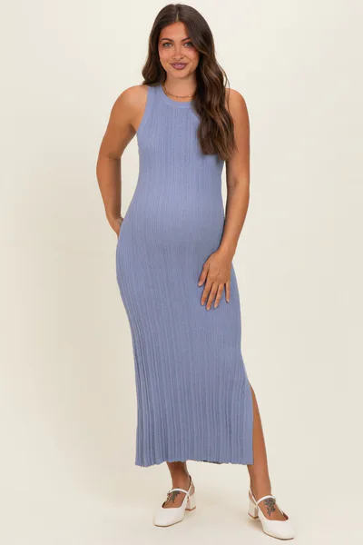 PinkBlush Chambray Blue High Neck Side Slit Maternity Midi Dress