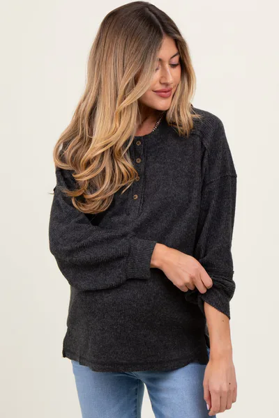 PinkBlush Charcoal Oversized Ribbed Knit Henley Maternity Sweater