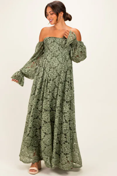 PinkBlush Olive Lace Off Shoulder Long Sleeve Maternity Maxi Dress