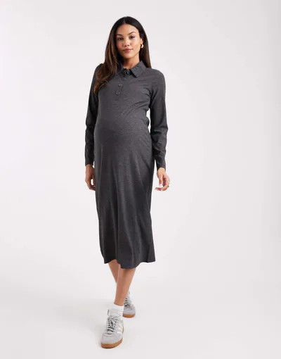 ASOS Mamalicious Maternity jersey rib knit nursing friendly polo detail midi dress in heather gray
