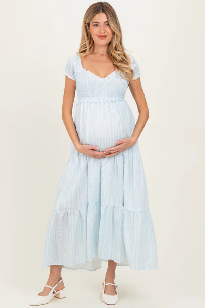 PinkBlush Light Blue Floral Lace Trim Tiered Maternity Maxi Dress