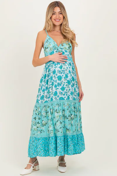 PinkBlush Aqua Multi Floral Print Twist Front Cutout Maternity Maxi Dress