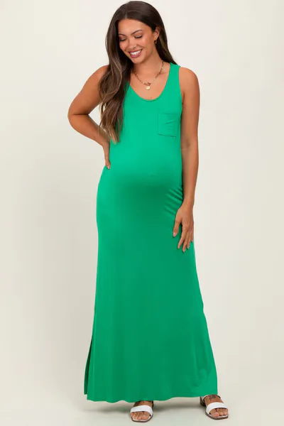 PinkBlush Green Basic Pocket Sleeveless Maternity Maxi Dress