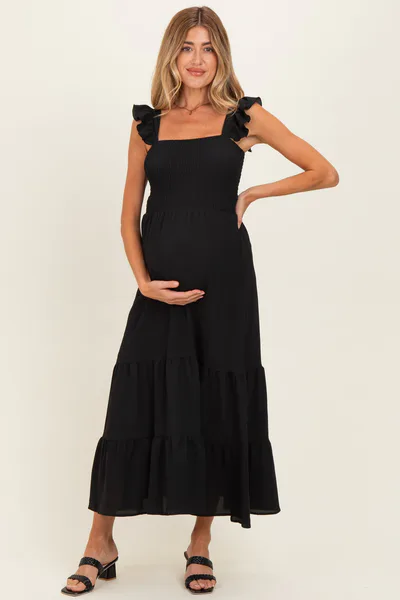 PinkBlush Black Ruffle Strap Smocked Maternity Maxi Dress
