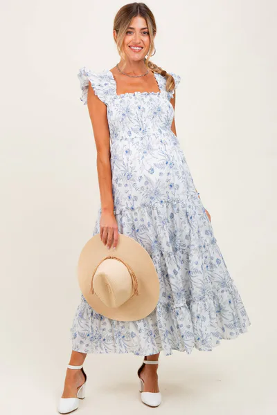 PinkBlush Blue Floral Smocked Tiered Maternity Maxi Dress
