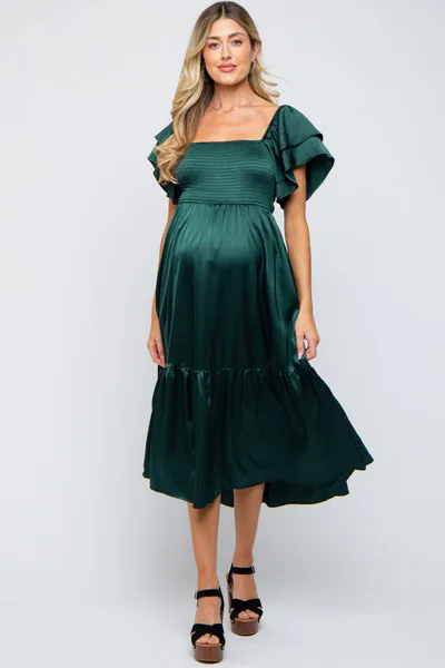 PinkBlush Forest Green Satin Flutter Sleeve Maternity Midi Dress
