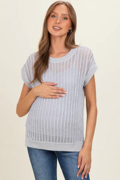 PinkBlush Light Grey Open Knit Maternity Short Sleeve Top