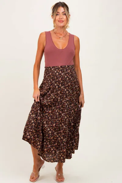 PinkBlush Brown Floral Smocked Waist Maternity Maxi Skirt