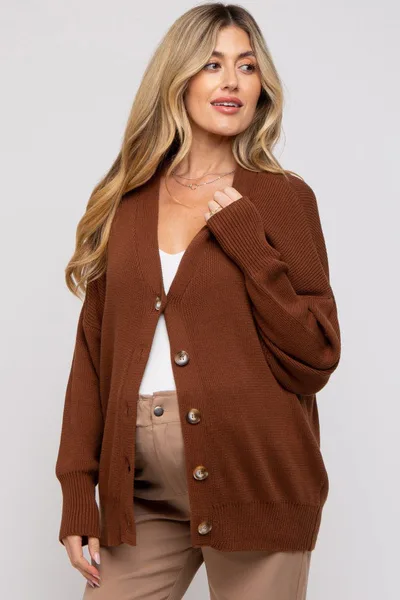 PinkBlush Dark Rust Basic Ribbed Maternity Cardigan Sweater