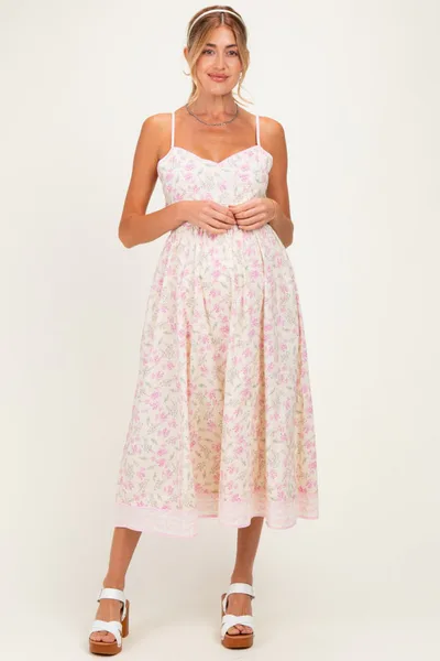 PinkBlush Creme Peony Floral Embroidered Hem Maternity Midi Dress