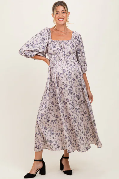 PinkBlush Cream Floral Puff Sleeve Smocked Waist Maternity Midi Dress