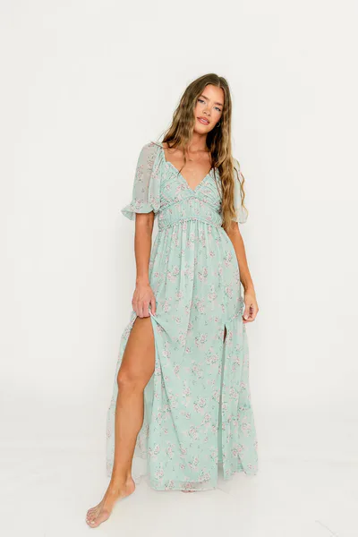 Worth Collective Daphne Maxi Dress in Mint/Pink Floral - Bump Friendly