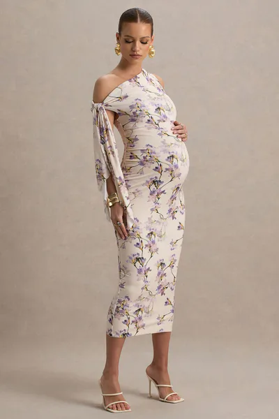 Club L London Katarine | Peach Floral Print Asymmetric Knot Maternity Midi Dress