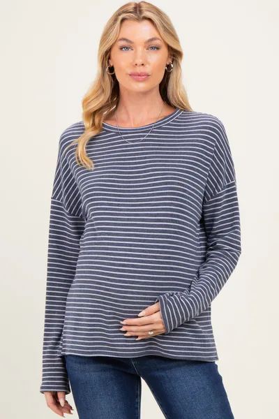 PinkBlush Navy Striped Oversized French Terry Maternity Top