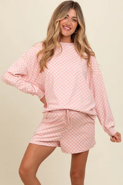 PinkBlush Mauve Checkered Plaid Pullover Shorts Maternity Set
