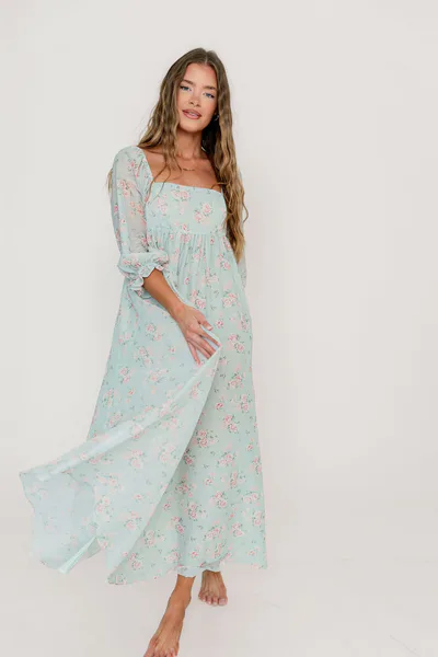 Worth Collective Mona Maxi Dress in Mint/Pink Floral - Bump Friendly