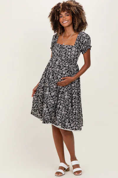 PinkBlush Black Floral Pleated Bodice Puff Sleeve Maternity Dress
