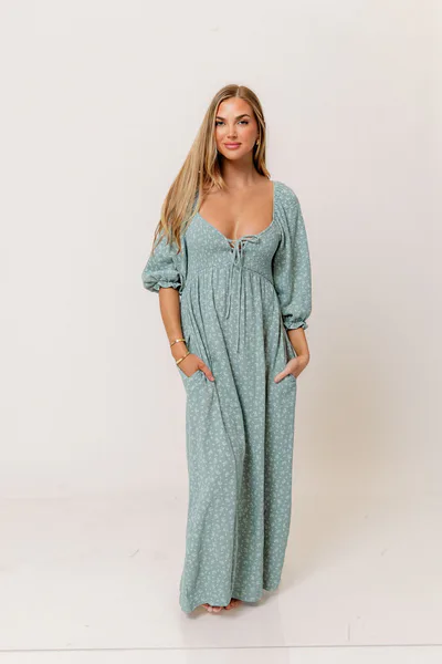Worth Collective Cecilia 100% Cotton Smocked Maxi Dress in Aqua Foliage - Bump Friendly