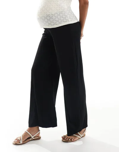 ASOS Mamalicious stretchy shirred under the bump waistband wide leg pants in black