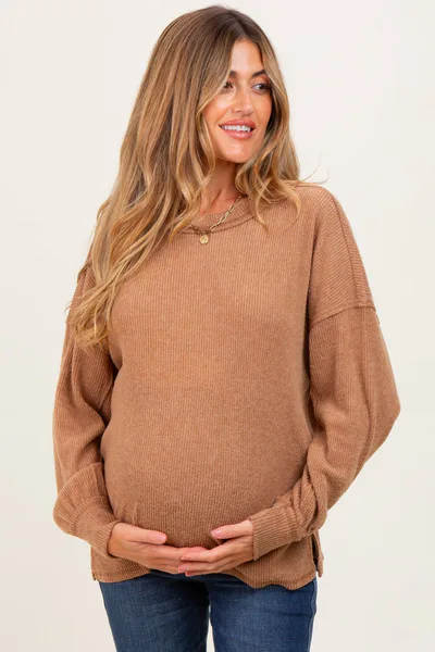 PinkBlush Camel Brushed Ribbed Knit Maternity Pullover