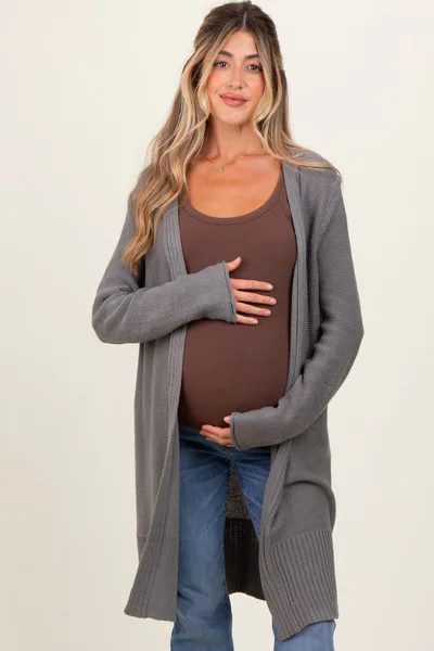 PinkBlush Charcoal Contrast Rib Long Maternity Open Cardigan