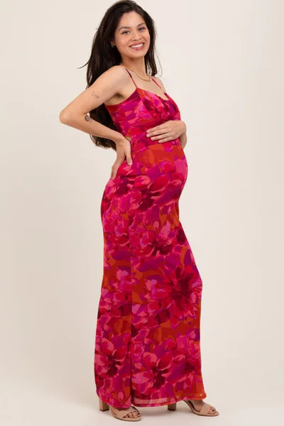 PinkBlush Magenta Floral Back Cutout Maternity Midi Dress