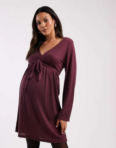ASOS Mamalicious Maternity soft jersey nursing friendly wrap detail dress in burgundy