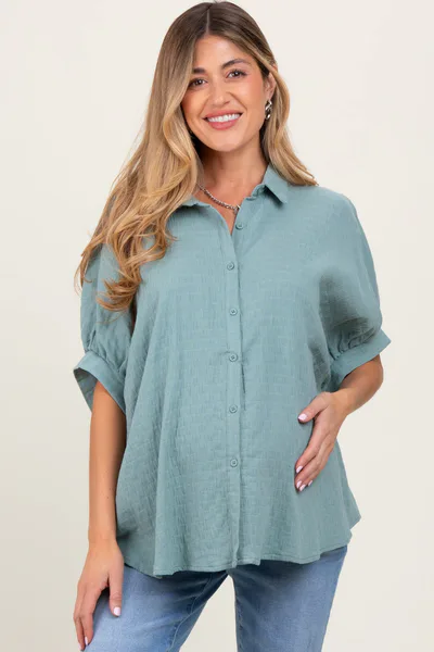 PinkBlush Light Olive Checker Print Short Sleeve Oversized Maternity Blouse