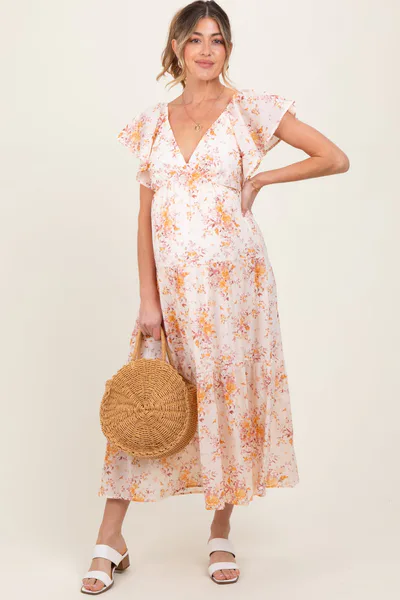 PinkBlush Peach Floral Flutter Sleeve Tiered Maternity Maxi Dress