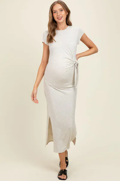 PinkBlush Cream Side Knot Tie Short Sleeve Maternity Midi Dress